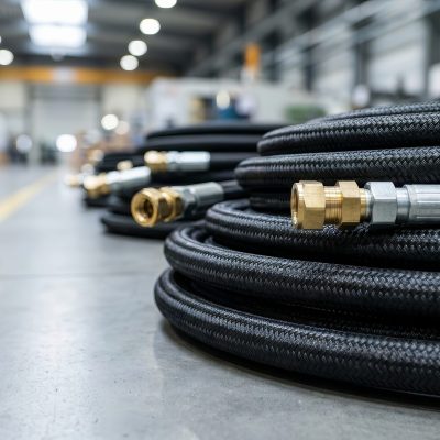 Coiled flexible black hydraulic tubes with metallic fittings ready for machinery use.